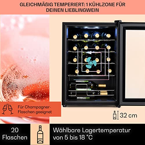 Foto von Klarstein Shiraz Weinkühlschrank Schwarz – 20 Flaschen, 53 L, 1 Zone | Getränkekühlschrank mit Glastür, freistehend, leise, 5–18 °C, LED, Edelstahlrahmen