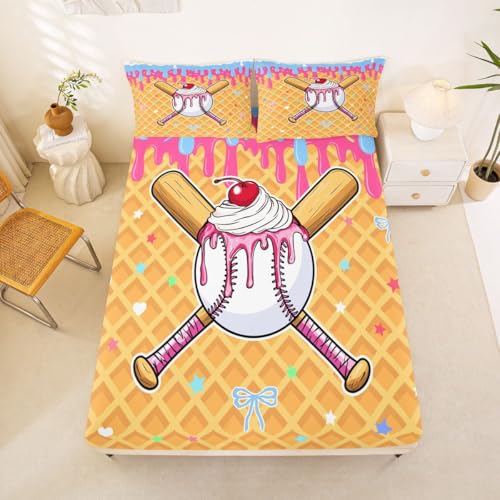 Image of Castle Fairy Baseball Cap Bed Sheets Queen Size,Ice Cream Cherry Plaid Print Bedding Set, Cute Sweet Sports Style Boys Girls Room Decor,Pink Yellow Sheet(Fitted+Flat+2 Pillowcases)