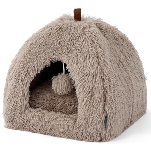 BEDSURE Katzenbett große Katzen Katzenhöhle- 40x40x40 cm Plüsch Katzenhaus Indoor mit abnehmbarem Katzenkissen und hängendem Spielzeug, Katzen Bettchen waschbar, Kamel BEDSURE Katzenbett große Katzen Katzenhöhle- 40x40x40 cm Plüsch Katzenhaus Indoor mit abnehmbarem Katzenkissen und hängendem Spielzeug, Katzen Bettchen waschbar, Kamel