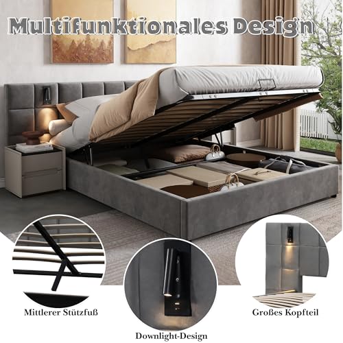 Merax Polsterbett 160x200cm mit Leselicht und USB-Aufladung, Doppelbett mit Lattenrost und Kopfteil, Funktionsbett mit Stauraum für Erwachsene & Jugend, Samtstoff, Grau (Ohne Matratze & Nachttisch) – Bild 5