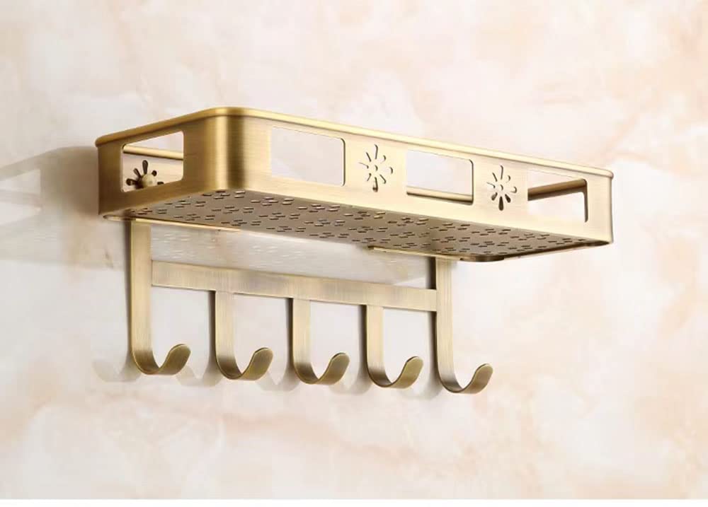 Estante de ducha de latón inoxidable montado en la pared con 5 Hoo - Nizer de baño para champú, jabón y accesorios - Organizador de ducha que ahorra espacio Sto Solut