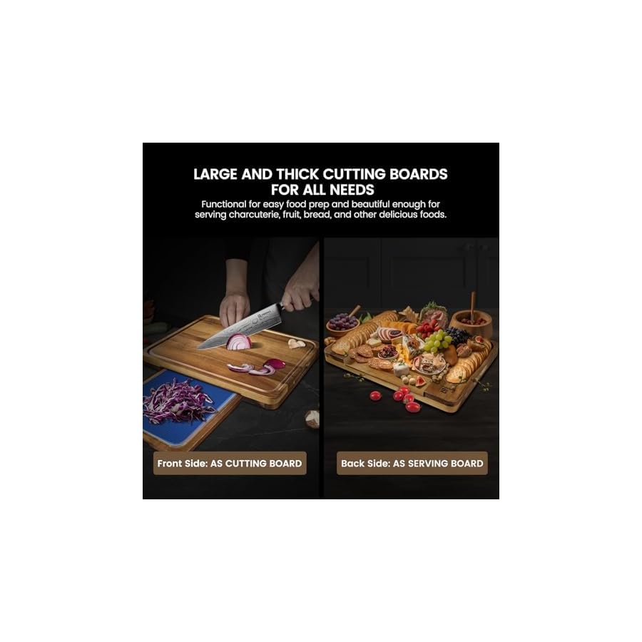 Acacia-Wood-Cutting-Boards-Large-Set-of-7-Charcuterie-Chopping-Board-for-Kitchen-with-Holder-Plastic-Serving-Board-Mats-Juice-Groove-Reversible-Butcher-Block-for-Meat-Cheese-Bread Acacia Wood Cutting Boards Large Set of 7, Charcuterie Chopping Board for Kitchen with Holder, Plastic Serving Board Mats, Juice Groove, Reversible Butcher Block for Meat Cheese Bread