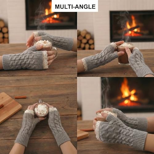 Image of Kraptick Women's Cable Knit Fingerless Gloves - Winter Arm Warmers with Elegant Lace Trim & Thumb Hole - Soft Woolen Thermal Half Finger Mittens for Typing, Driving & Office Work (Free Size, khaki)-1