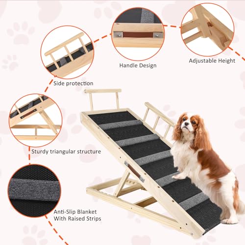 Umtiti Vielseitige Holzklappbare tragbare Haustierrampe, geeignet für Katzen und Hunde in Allen Größen, 110 cm Lange Rampe mit Verstellbarer Höhe von 12' bis 23,4'.Dog Ramps-110ZT,DE