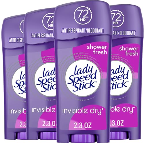 Lady Speed Stick Antiperspirant Deodorant for Women, 72 HR Sweat & Odor Protection, Invisible Dry, Shower Fresh Scent, 2.3 oz Stick (4 Pack)