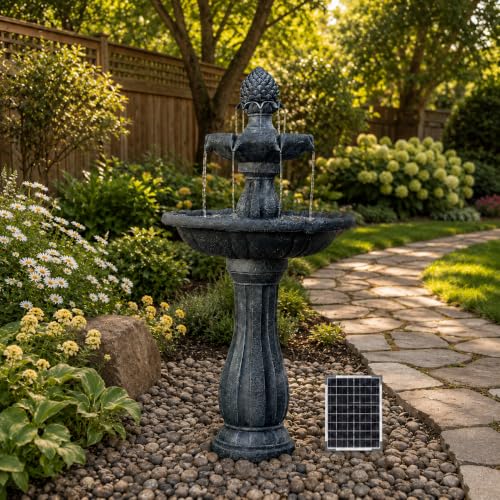 Image of XBrand 44 inch H Gray Fiberglass /Resin 2-Tier Solar Water Fountain w /Solar Panel and Auto-Shut Off Pump, Solar Garden Fountain, Tall Outdoor Fountain, Two Tiered Birdbath Fountain