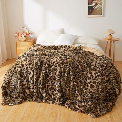 XeGe Luxus-Flauschige Kunstfell-Gepardprint-Bettdecke für Kinder, Erwachsene und Paare, Plüsch-Throw-Decke King Size, Leopard-Muster, dekorativ und schilfartig, für Schlafzimmer, Braun, 228x264cm, King