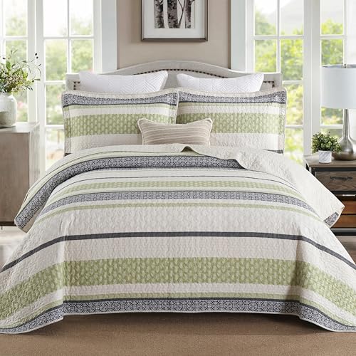 Image of Homzard King Size Quilt,Cotton King Size Bedding Comforter Set,Sage Green Beige Grey Bedspread Set,Striped Bed Set Coverlet Lightweight Farmhouse Home Decor 3 Piece