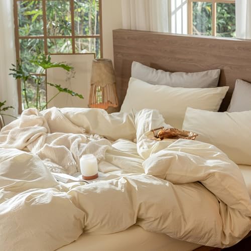 Image of MooMee Wavy Striped Duvet Cover Set 100% Washed Cotton Linen Like Textured Breathable Durable Soft Comfy (Cream White, Full 80 inchx90 inch)