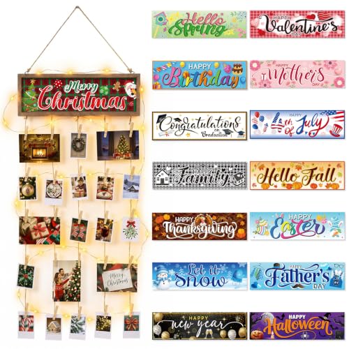 Novabright 15 Pcs Interchangeable Collage Picture Frames Seasonal Hanging Photo Display Organizer with Clips String Lights Wooden Holiday Wall Decor for Home Office Room Birthday Party Gifts