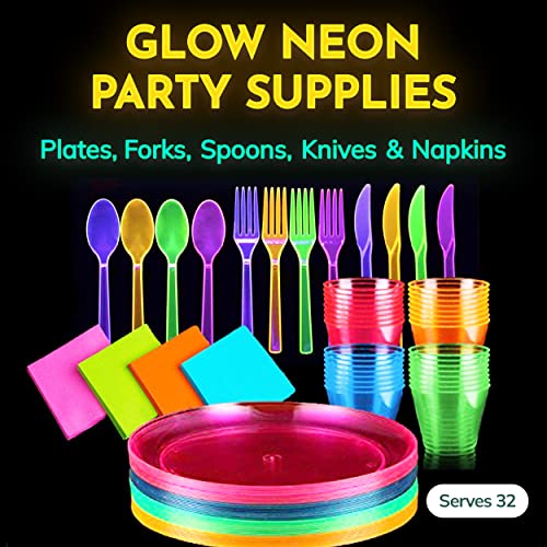 Glow Neon Party Supplies Serves 32, Hard Plastic Disposable Neon