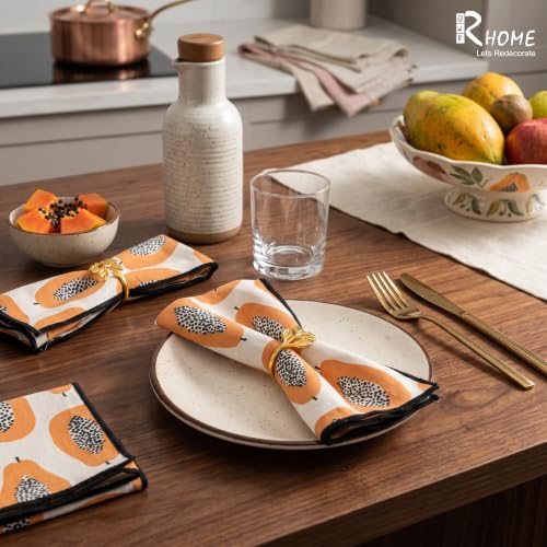 Image of Papaya Printed Cotton Napkins Set of 12 | 16 x 16 Inch (40 x 40 cm) | 100% Cotton with Peko Border | Reusable Cloth Dining & Cocktail Napkins | Machine Washable | Tropical Fruit Print