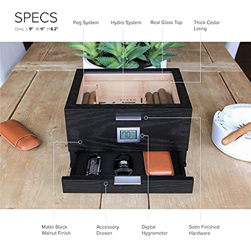 Buy Monogrammed Mill Glass Top Humidor Matte Black Wood Grain, Front