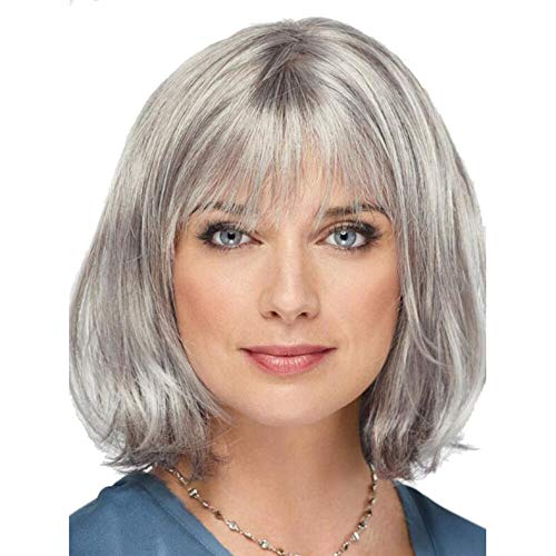 Baruisi Women Short Grey Bob Wig with Bangs Synthetic Natural Looking Hair Wig for Cosplay Party