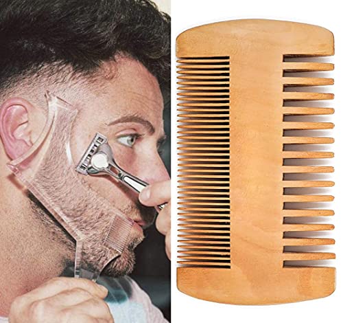 Samelin Men Beard Shaping Styling Template Tool Kit With Wooden Beard Comb For Men,Beard Hair Combs Men Shaving Tools Hair Beard Trim Template Barber Comb Style Brush (Clear)