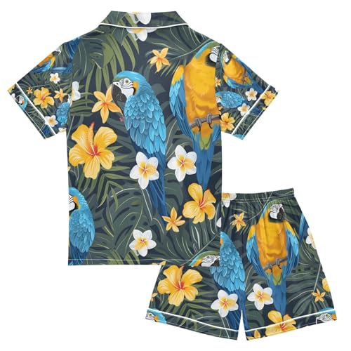 senya Parrots and Flowers Satin Summer Pajama Sets Silk Short Sleeve Button Down Sleepwear2