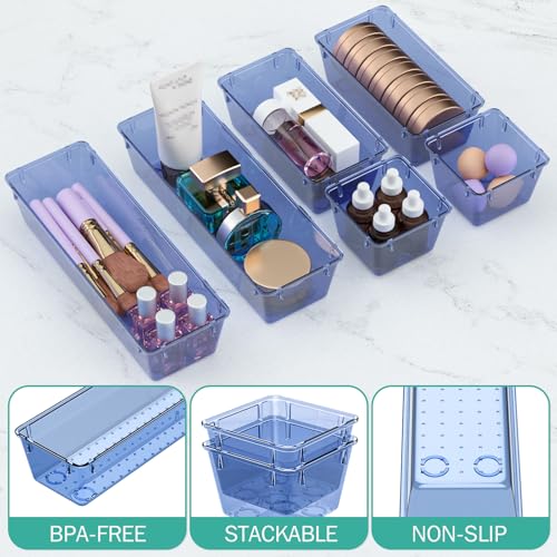 Image of WOWBOX 6 Pack Clear Drawer Organizer Set, Acrylic Drawer Storage Trays, Storage Bins for Makeup, Cosmetics, Jewelries, Utensils, Gadgets, Office, Dark Blue