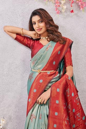 Image of Women's Banarasi Silk Saree with Rich Pallu, Jacquard Zari Weaving Work & Unstitched Blouse Piece, Traditional Ethnic for Wedding, Party & Festive Occasion