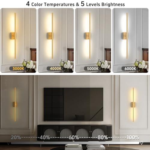 Image of iThird 1 Pack Battery Operated Wall Sconce, Wireless Battery Wall Sconce with Remote Control, Gold LED Rechargeable Sconces, 31.5 Inch Modern Cordless Wall Lights for Bedroom Living Room Picture
