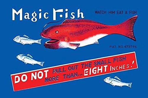 Magic Fish - Do not pull out the small fish more than eight inches or you will break this toy This graphic art is from an antique Japanese tin childrens toy Often the box art was much more enjoyable