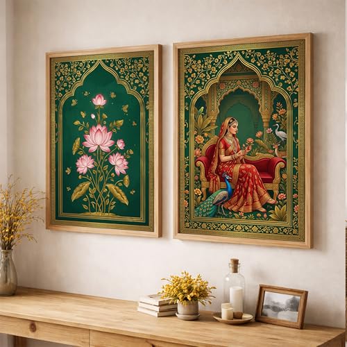 Image of Suneree Rajasthani Rani Lotus Flower Wall Art Painting | Set of 2 Framed Paintings | Mughal Indian Decor for Living Room Bedroom Home Office | (ART 7, 10x13 INCHES)