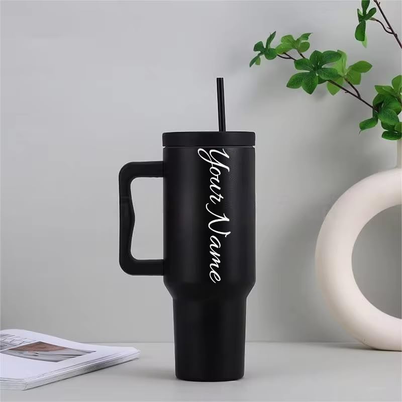 Image of Personalised with Your Name, 1200ml Tumbler with Straw-Handle-Stainless Steel Double Wall Insulated Cup | Leakproof Sipper Mug for Hot-Cold Drinks |Coffee - WaterTumbler (Black castom)
