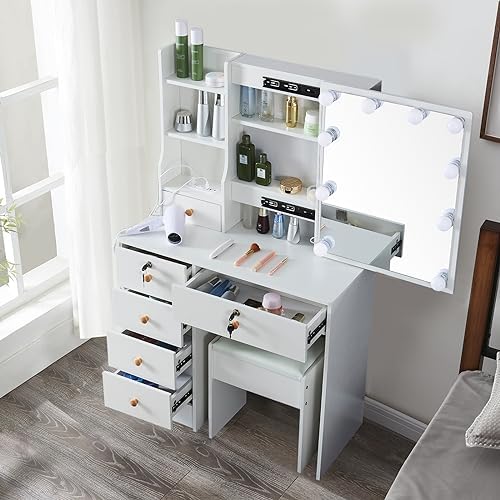 JBLCC Vanity Desk with Mirror & Light, Makeup Vanity with