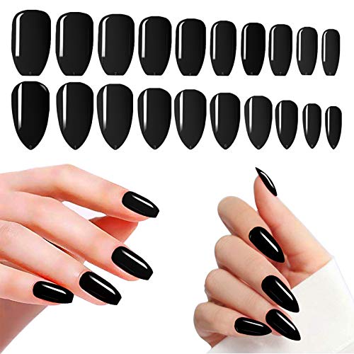 Black Nails Press On Medium, 480PCS Cosics Full Cover Coffin Ballerina & Almond Acrylic Nails Stick On Black, Solid Glossy Fake Nail Art Extension Tips with Storage Organizers for Women, Girls, Salon