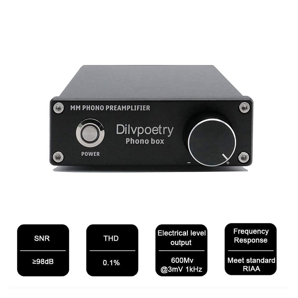 Dilvpoetry Phono Box MM Phono Preamplificatore HiFi Audio AMP Giradischi Amplificatore Fonografo Pre-amp DC12V Nero