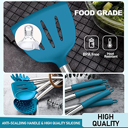 Image of Silicone Cooking Kitchen Utensil Set, Umite Chef 34pcs Heat Resistant Kitchen Utensils with Holder, Kitchen Spatula Set with Wooden Handle, Kitchen Gadget Tools for Nonstick cookware (Blue)