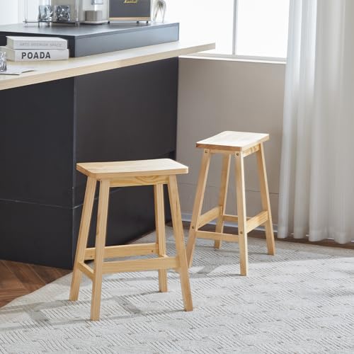 Bonnlo Bar Stools Set of 2 Saddle Seat Counter Stools with Footrest Solid Pine seating Natural Wood Kitchen & Dining Chairs 42x23x61cm wooden