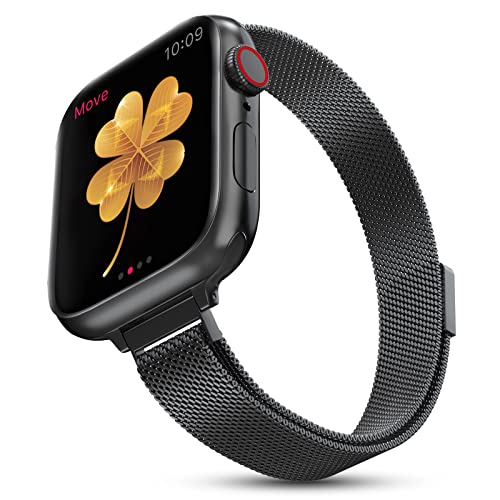 Image of Compatible with Apple Watch Band, Stainless Steel Slim & Thin Mesh Magnetic Clasp Strap Women and Girl Replacement Band for iWatch Series SE 6 5 4 3 2 1 (Black, 42mm /44mm /45mm)