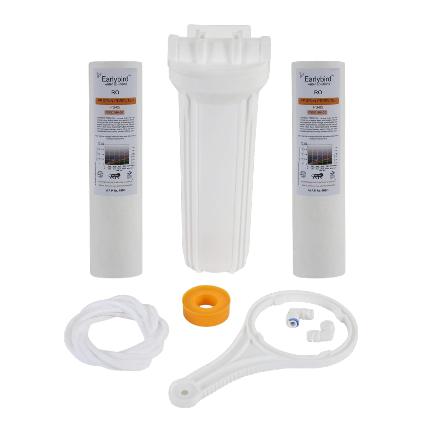 EARLYBIRD Water Solution Spun KIT, White, PP Spun Pre-Filter Cartridges with Housing,Pipe,Connectors,Spanner-image-0