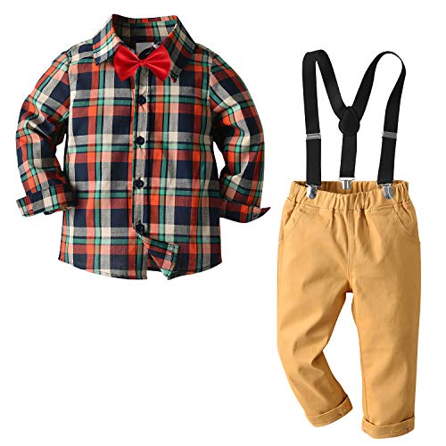 Boys Clothes Sets 4PCS Bow Ties Shirts + Suspenders Pants Kids Gentleman Outfits Khaki 2-3 Years