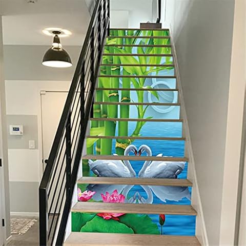 FLFK 3D Cisne Bambú de loto Autoadhesivos para escaleras Cover