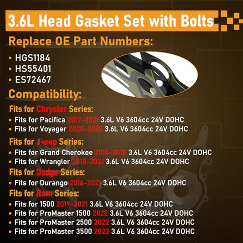Image of Head Gasket Set w /Bolts Fit 2016-2022 Chrysler Pacifica Ram ProMaster 3500, 3.6L Pentastar Head Gasket Set 16-22 for Chrysler Pacifica Jeep Grand Cherokee Dodge Durango Ram ProMaster 1500 2500 3500