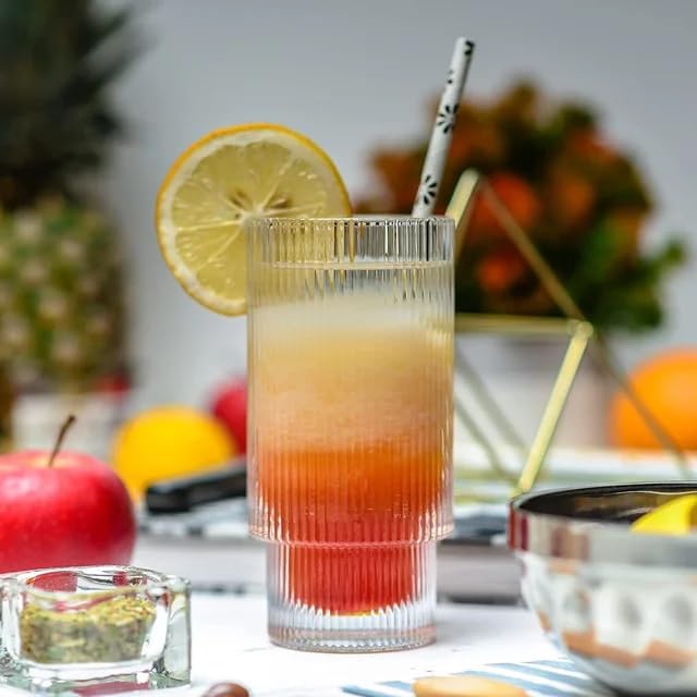 Miniatura 7 de MLTS - Juego de 4 vasos acanalados para beber, 4 popotes y 1 cepillo con vasos acanalados, vasos vintage, juegos de vidrio multiusos de 12.8 fl oz