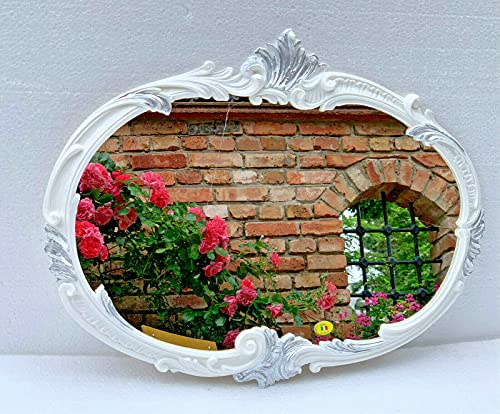 Specchio da parete ovale bianco argento anticato, 52 x 42 cm, specchio da bagno, vintage, retrò, da appendere, stile nostalgico C17