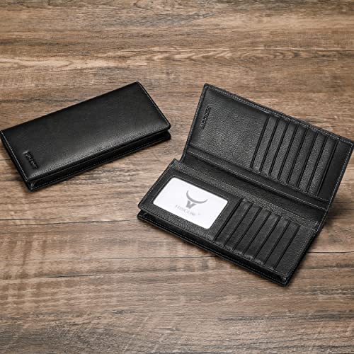 Image of HISCOW Full Grain Leather Men's Long Wallet, 15 Card Slots, Vintage Black, One Size, Classic | Gusseted bill compartment, tall bifold design, clear ID window, ideal for coat pockets or briefcases, turned-edge, gift box