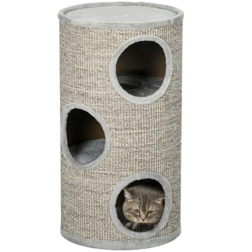 PawHut Cat Barrel Kitten Tree Tower for Indoor Cats, Large, Light Grey