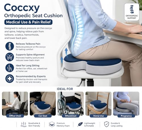 Image of Doctor Recommended Premium Orthopedic Foam Coccyx Seat Cushion for Tailbone Pain Relief, Sciatica Pain Relief Hip Support, Lower Back Support with Removable Cover, Blue and Grey, Pack of 1
