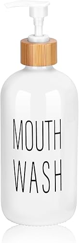 Dispensador de enjuague bucal con bomba, recipiente de enjuague bucal de vidrio para encimera de baño, decantador de botella de lavado bucal,