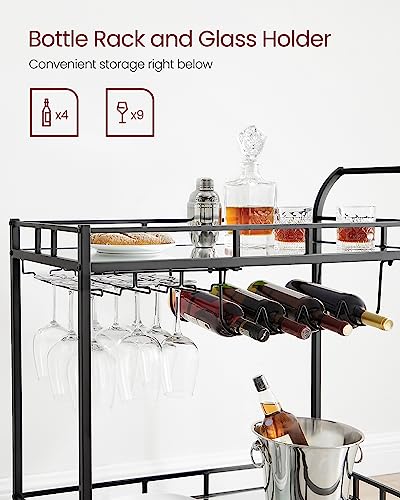 Image of VASAGLE Bar Cart Black, Home Bar Serving Cart, Wine Cart with 2 Mirrored Shelves, Wine Holders, Glass Holders, for Kitchen, Dining Room, Black ULRC090B62