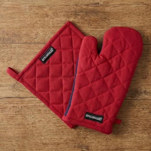 Image of Encasa XO Heat Resistant 100% Cotton Oven Glove & Potholder Set with Loop, Kitchen Cooking Mittens, Microwave Safe Hot Pads (Red)