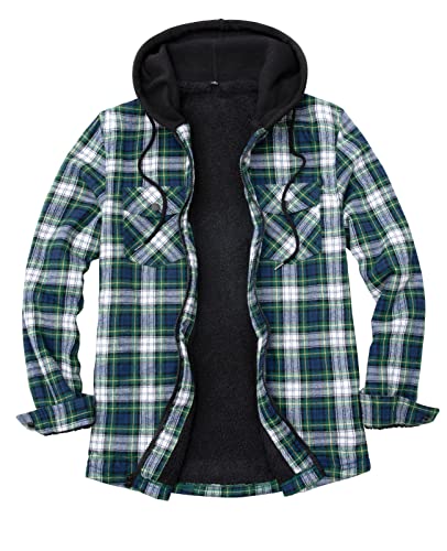 Image of ZENTHACE Men's Sherpa Lined Full Zip Hooded Plaid Shirt Jacket