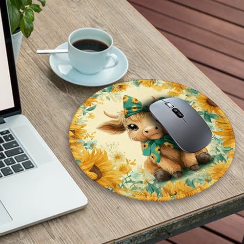 Image of Gctriki Highland Cow Mouse Pad for Desk, Funny Round Mousepad for Laptop Gaming Stitched Edge Non-Slip Rubber Base, Cute Sunflower Bow Highland Cow Decor Gifts Office Desk Accessories for Women