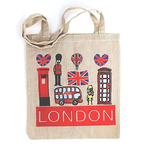 Lang Horn Bolsa de regalo impresa original de Londres, 35,5 x 40,6 cm, mango largo, algodón, recuerdo, recuerdos, Bandera 1 (Blanco), Medium