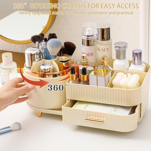 Image of SIBY ABS Plastic Cosmetic Storage Box for Women's | 360 Rotating Makeup Brush Holder for Dressing Table | Vanity Makeup Organizer Box with Transparent Cap and Drawer (Cream)