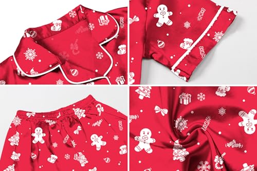 Image of Umeyda Women & Girls Pajamas Set, 2 Piece PJS Satin Silk Sleepwear Button-Down Top with Shorts for Mom Kids Gifts