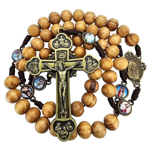 TALISMAN4U Wood Rosary Beads Catholic Necklace 12 Apostles Crucifix Large Bronze Cross Immaculate Heart of Mary Jesus Sacred Medals Handmade Wooden Rosaries for Men Gift Box & Prayer Card